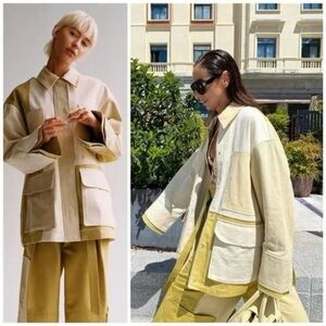 ZARA Patchwork Utility Chore Jacket Colorblock Cotton Oversized Pockets Size S